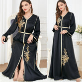 Abaya Women's Arabic Robe Split V-neck Black Dress 3277 - Hiychic