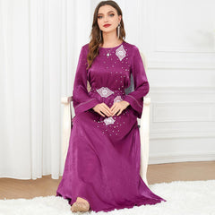 Arab Long Sleeve Beaded round Neck Muslim Dress 3301 - Hiychic