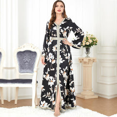 Arab Robe Muslim Abaya Long Sleeve Printed Dress - Hiychic