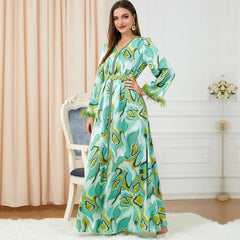 Loose Long Sleeve Printed V-neck Southeast Asia Maxi Dress 3249 - Hiychic