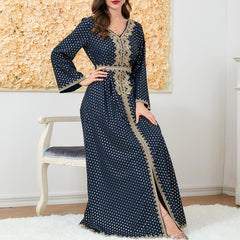 Muslim Abaya Long Sleeve Dress V-neck Robe 3199 - Hiychic