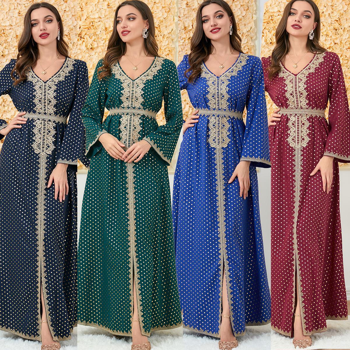 Muslim Abaya Long Sleeve Dress V-neck Robe 3199 - Hiychic