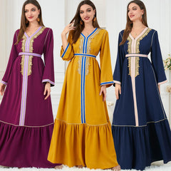 Muslim Abaya Pleated Skirt Embroidery Stitching Slim Dress 3222 - Hiychic