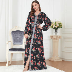 Muslim Abaya Printed Long Sleeve Dress 3303 - Hiychic