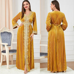 Muslim Abaya Slim-Fit Gilded Velvet Dress 32711 - Hiychic