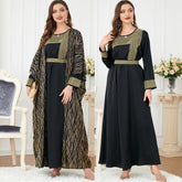 Muslim Abaya Women's Round Neck Embroidered Bronzing Two-Piece Dress - Hiychic
