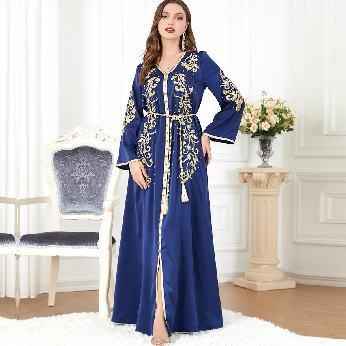 Muslim Arabic V-neck Printed Abaya Dress 3299 - Hiychic