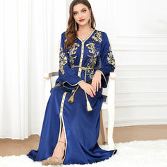 Muslim Arabic V-neck Printed Abaya Dress 3299 - Hiychic