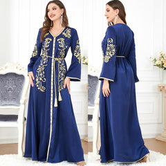 Muslim Arabic V-neck Printed Abaya Dress 3299 - Hiychic