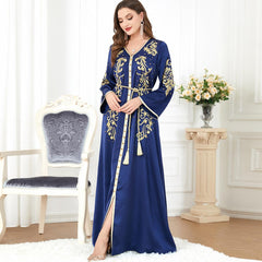 Muslim Arabic V-neck Printed Abaya Dress 3299 - Hiychic