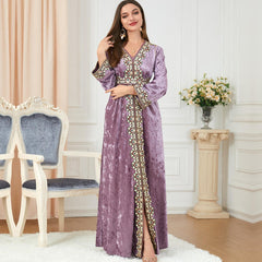 Muslim Dress Autumn and Winter Loose Slim V-neck High-End Women's Long Sleeve Pleuche Dress - Hiychic