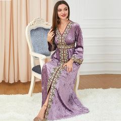 Muslim Dress Autumn and Winter Loose Slim V-neck High-End Women's Long Sleeve Pleuche Dress - Hiychic