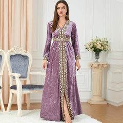 Muslim Dress Autumn and Winter Loose Slim V-neck High-End Women's Long Sleeve Pleuche Dress - Hiychic
