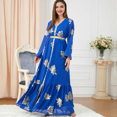 Muslim Fashion Robe V-neck Long Sleeve Bronzing Dress 3203 - Hiychic