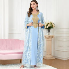 Muslim Fashion Suit Embroidered Lace Dress Two-Piece Set 3275 - Hiychic