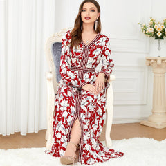 Muslim Fashion Women's Wear Print Stitching Abaya Robe Dress - Hiychic