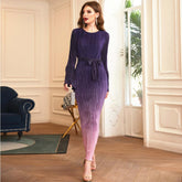 Muslim Press-pleated Gradient Oversized Stretch Slim Dress with Belt - Hiychic