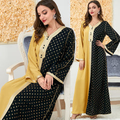 Muslim Robe Color Contrast Patchwork Loose Southeast Asian Print Women Dress 3179 - Hiychic