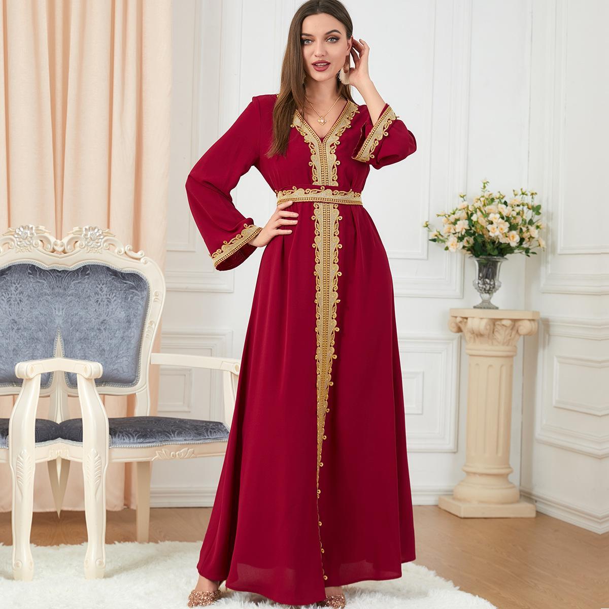 Muslim Solid Color Stitching Loose Embroidered Abaya Dress 3252 - Hiychic
