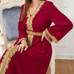 Muslim Solid Color Stitching Loose Embroidered Abaya Dress 3252 - Hiychic