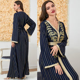 Muslim V-neck Embroidery Abaya Dress 3139 - Hiychic