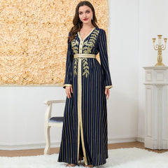 Muslim V-neck Embroidery Abaya Dress 3139 - Hiychic