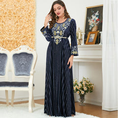 Muslim Women's Wear Robe Bronzing Fabric Embroidered Crew Neck Dress 3261 - Hiychic