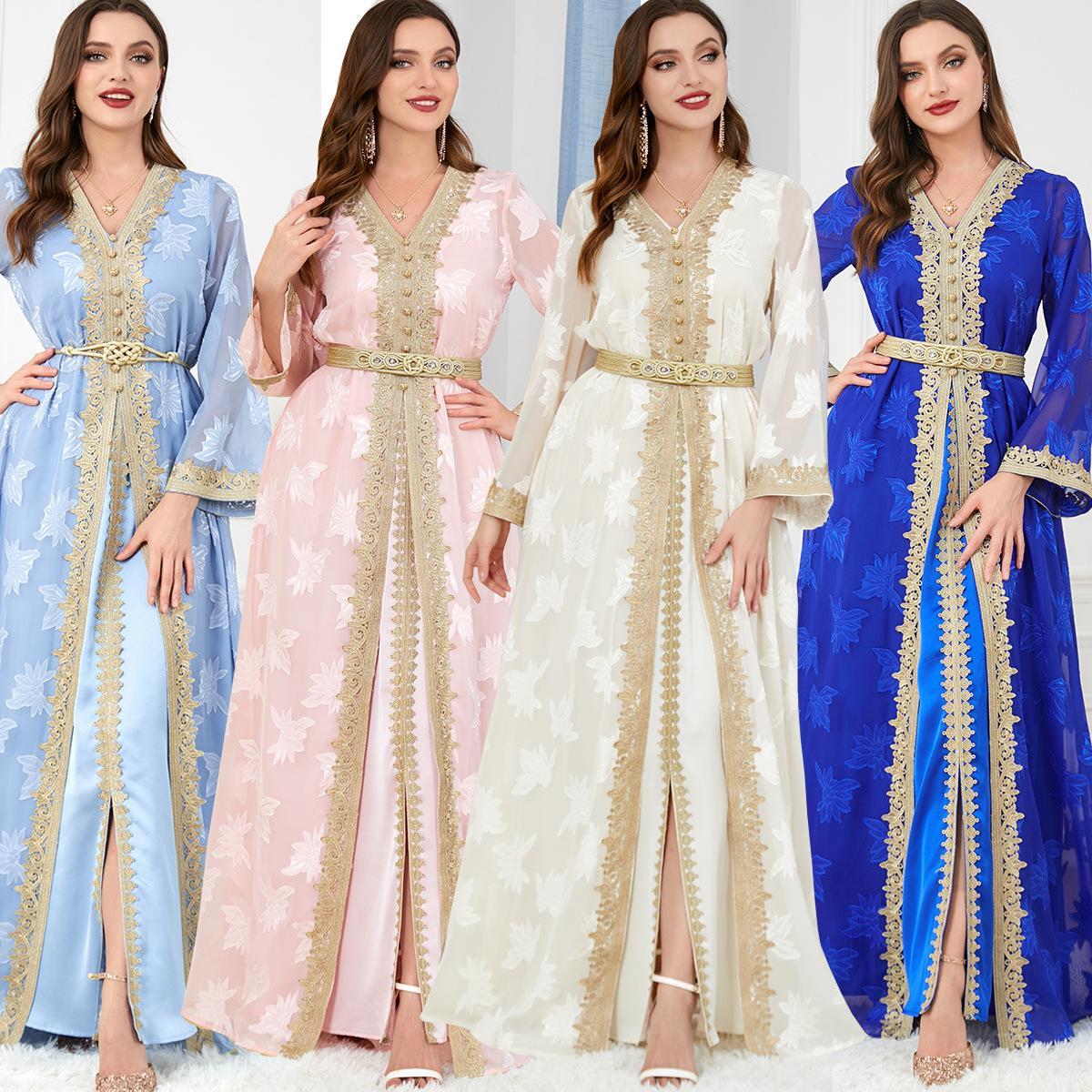 Two-Piece Arab Robe Abaya Women's V-neck Long Sleeve Dress - Hiychic