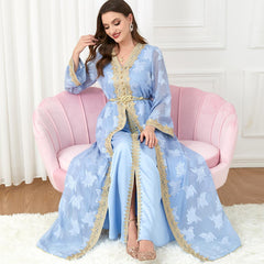 Two-Piece Arab Robe Abaya Women's V-neck Long Sleeve Dress - Hiychic