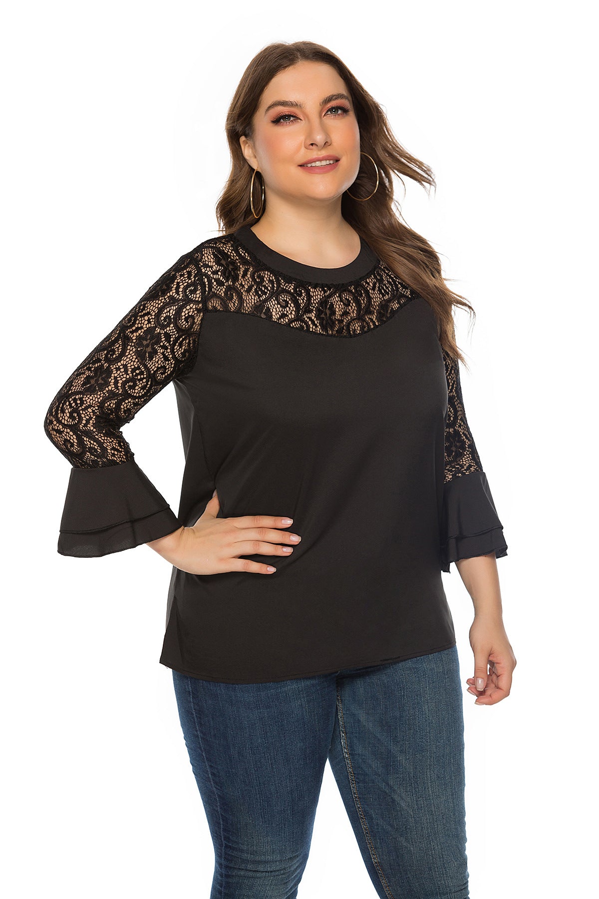 Plus Size Solid Lace Loose Tops SQ0103