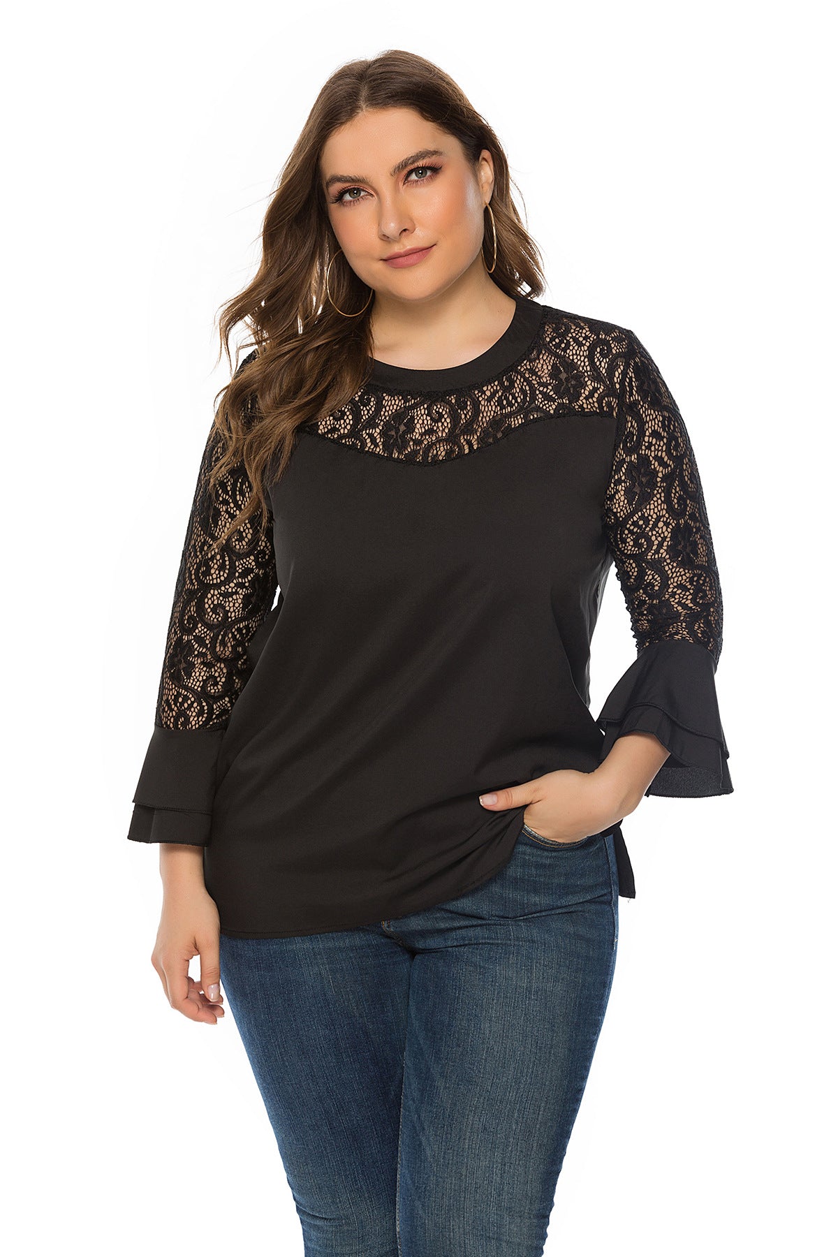 Plus Size Solid Lace Loose Tops SQ0103