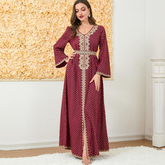 Muslim Abaya Long Sleeve Dress V-neck Robe 3199 - Hiychic