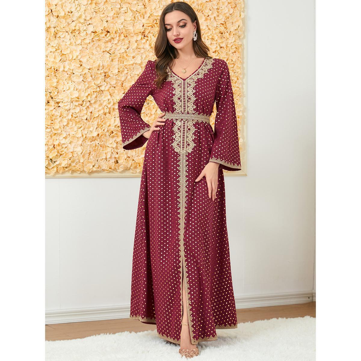 Muslim Abaya Long Sleeve Dress V-neck Robe 3199 - Hiychic