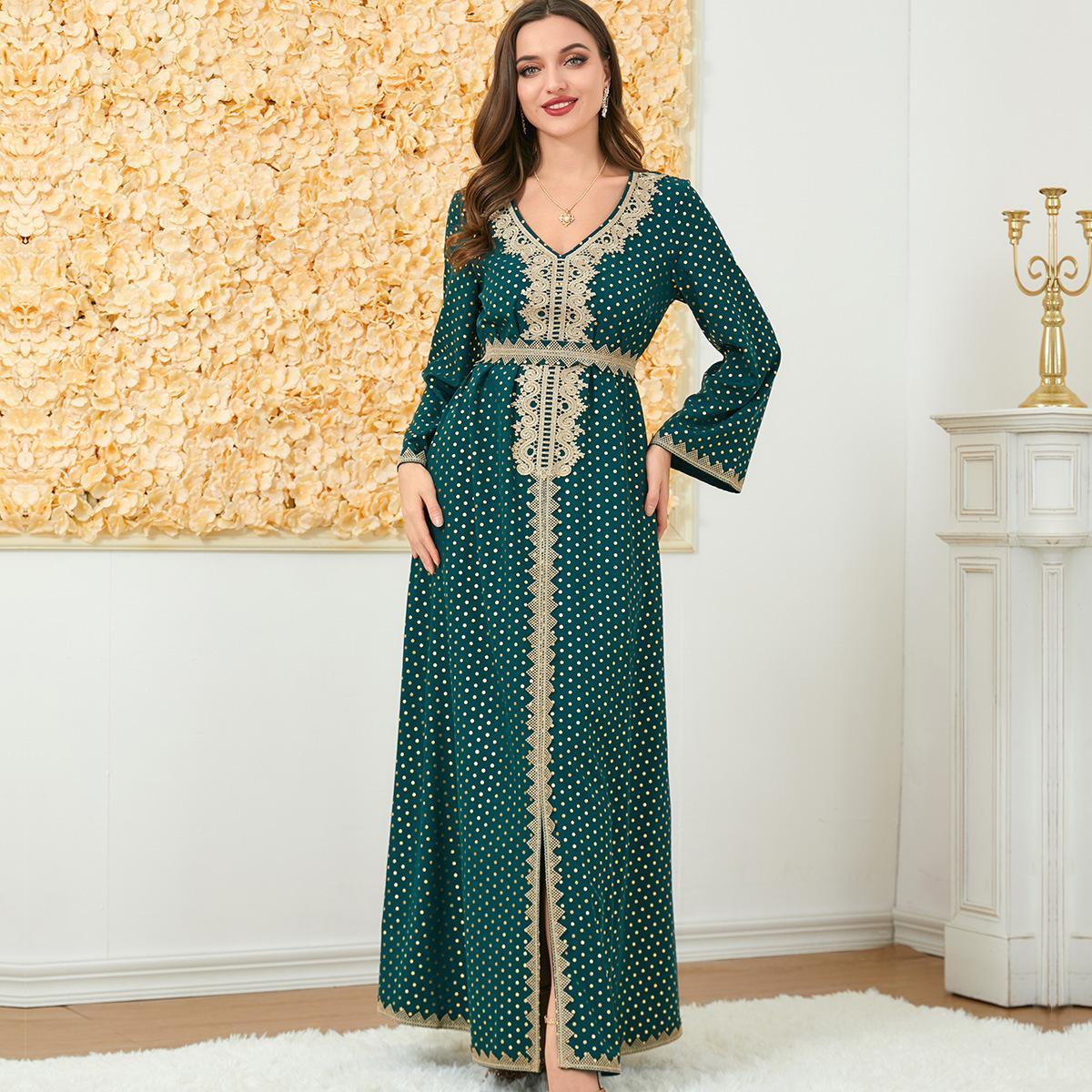 Muslim Abaya Long Sleeve Dress V-neck Robe 3199 - Hiychic