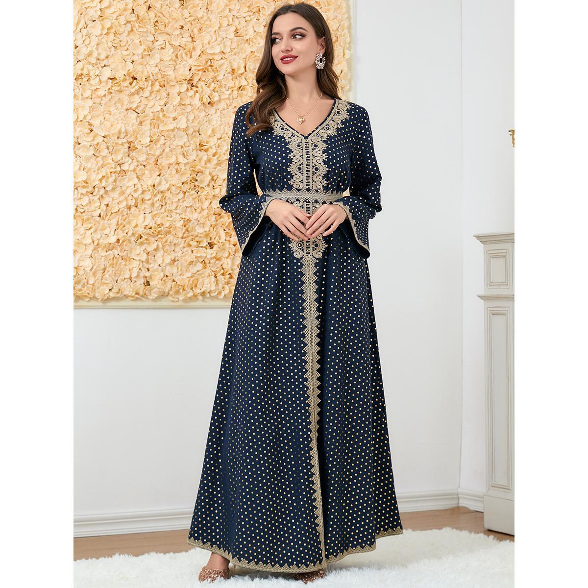 Muslim Abaya Long Sleeve Dress V-neck Robe 3199 - Hiychic