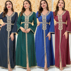Muslim Abaya Long Sleeve Dress V-neck Robe 3199 - Hiychic