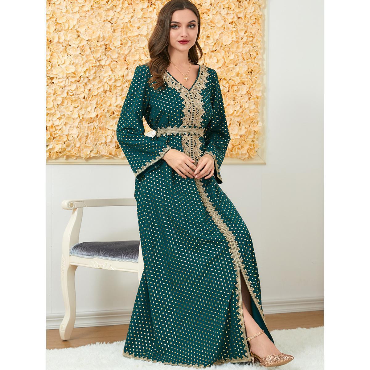 Muslim Abaya Long Sleeve Dress V-neck Robe 3199 - Hiychic