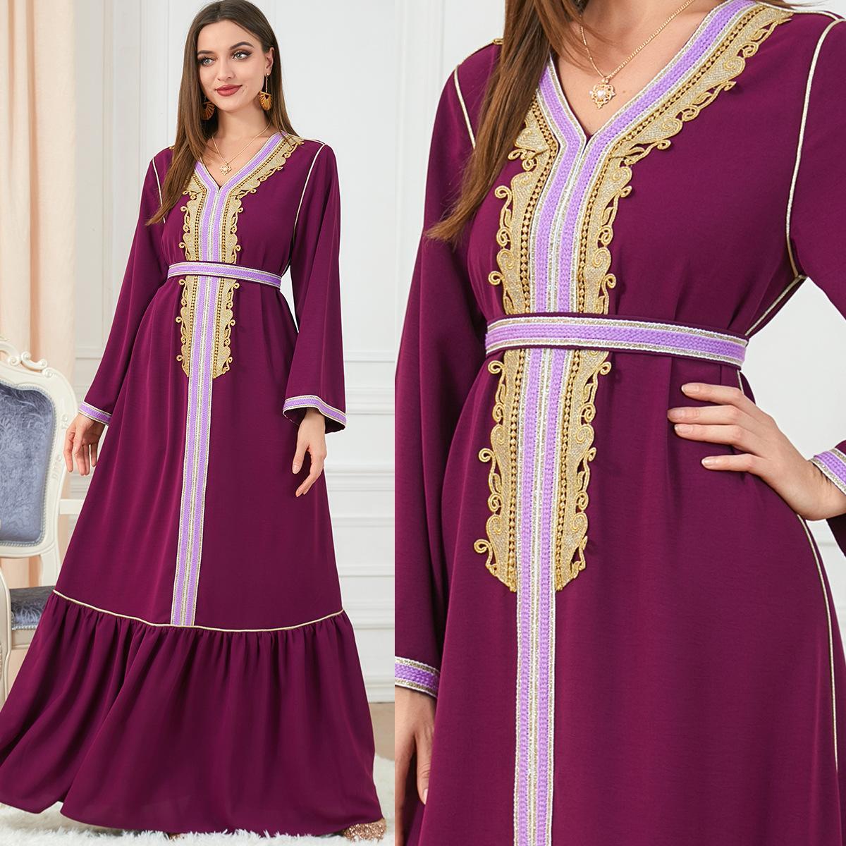 Muslim Abaya Pleated Skirt Embroidery Stitching Slim Dress 3222 - Hiychic