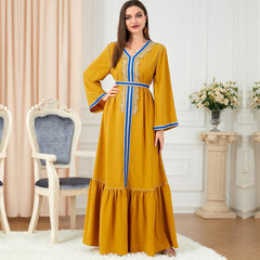 Muslim Abaya Pleated Skirt Embroidery Stitching Slim Dress 3222 - Hiychic