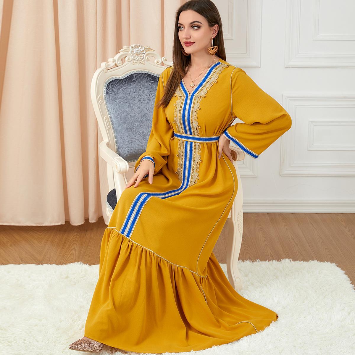Muslim Abaya Pleated Skirt Embroidery Stitching Slim Dress 3222 - Hiychic
