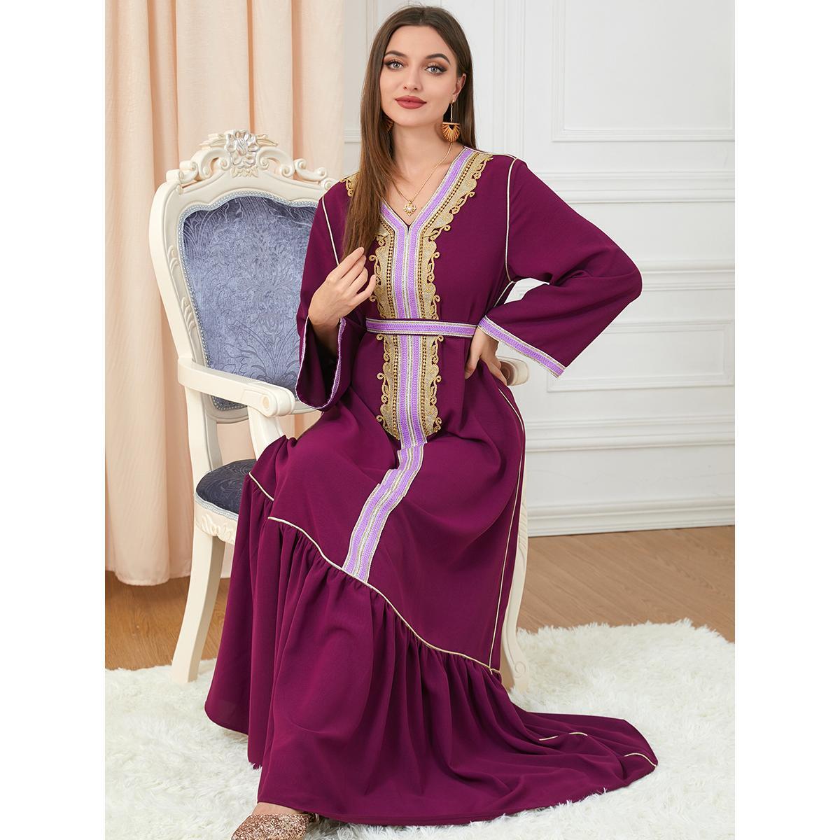 Muslim Abaya Pleated Skirt Embroidery Stitching Slim Dress 3222 - Hiychic