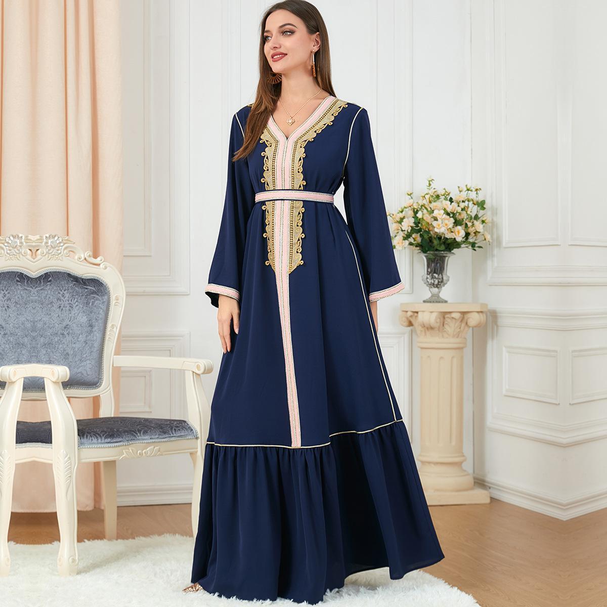Muslim Abaya Pleated Skirt Embroidery Stitching Slim Dress 3222 - Hiychic