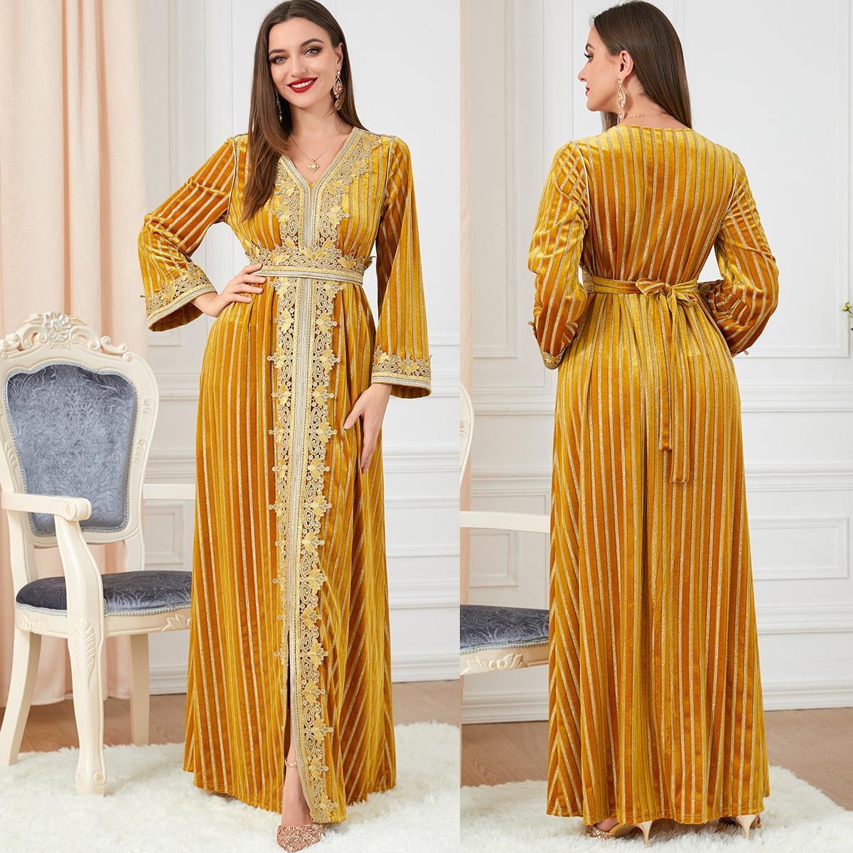 Muslim Abaya Slim-Fit Gilded Velvet Dress 32711 - Hiychic