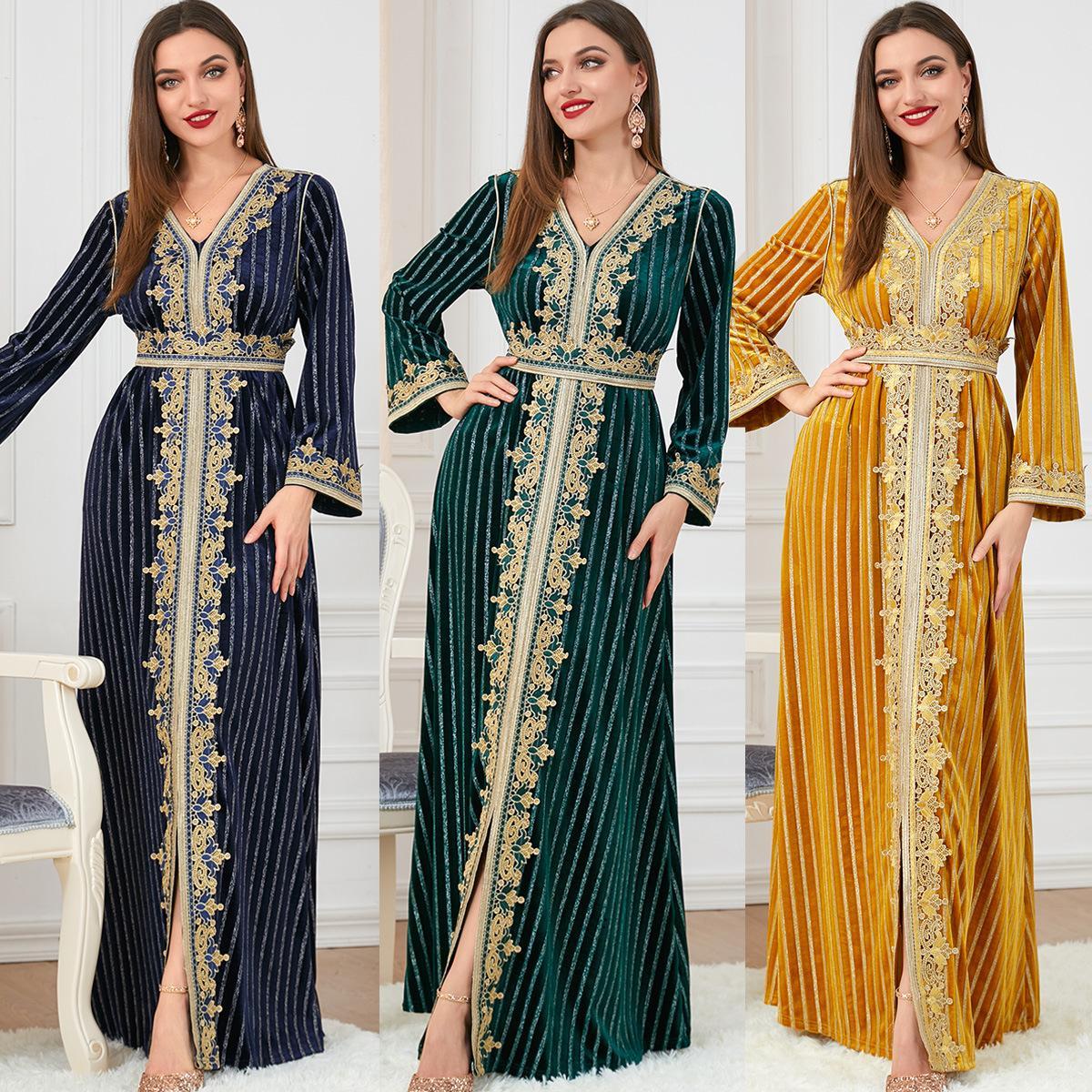 Muslim Abaya Slim-Fit Gilded Velvet Dress 32711 - Hiychic