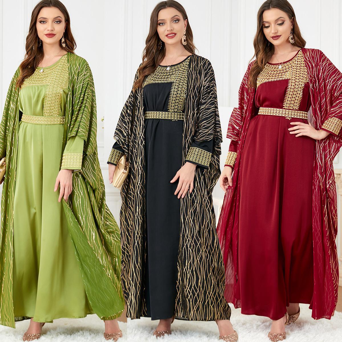Muslim Abaya Women's Round Neck Embroidered Bronzing Two-Piece Dress - Hiychic