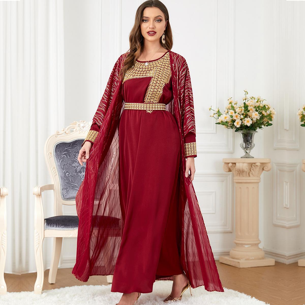 Muslim Abaya Women's Round Neck Embroidered Bronzing Two-Piece Dress - Hiychic