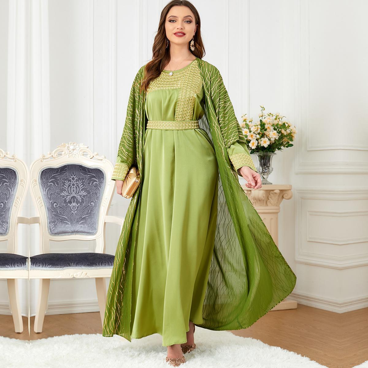 Muslim Abaya Women's Round Neck Embroidered Bronzing Two-Piece Dress - Hiychic