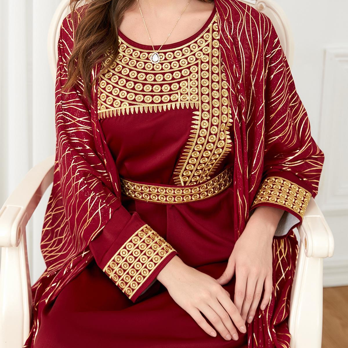 Muslim Abaya Women's Round Neck Embroidered Bronzing Two-Piece Dress - Hiychic