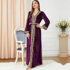 Muslim Autumn/Winter Women's Clothing Embroidered Abaya Velvet Dress 3270 - Hiychic
