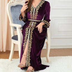 Muslim Autumn/Winter Women's Clothing Embroidered Abaya Velvet Dress 3270 - Hiychic